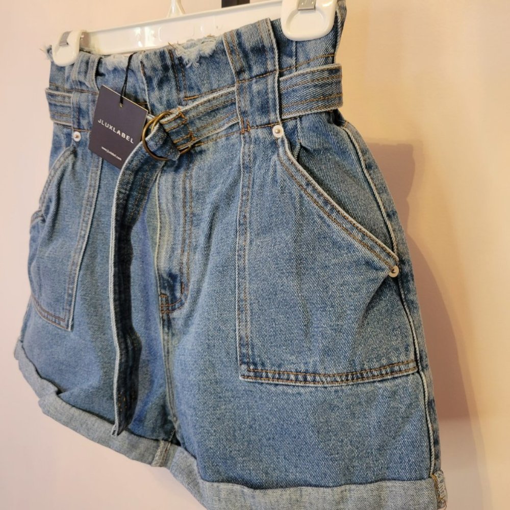 JLUX High Waisted Denim  Belted Distressed Shorts - Picture 3 of 7